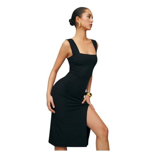 Reformation Cassi Knit Dress Black Tencel Midi Square Neck US M - Picture 8 of 8